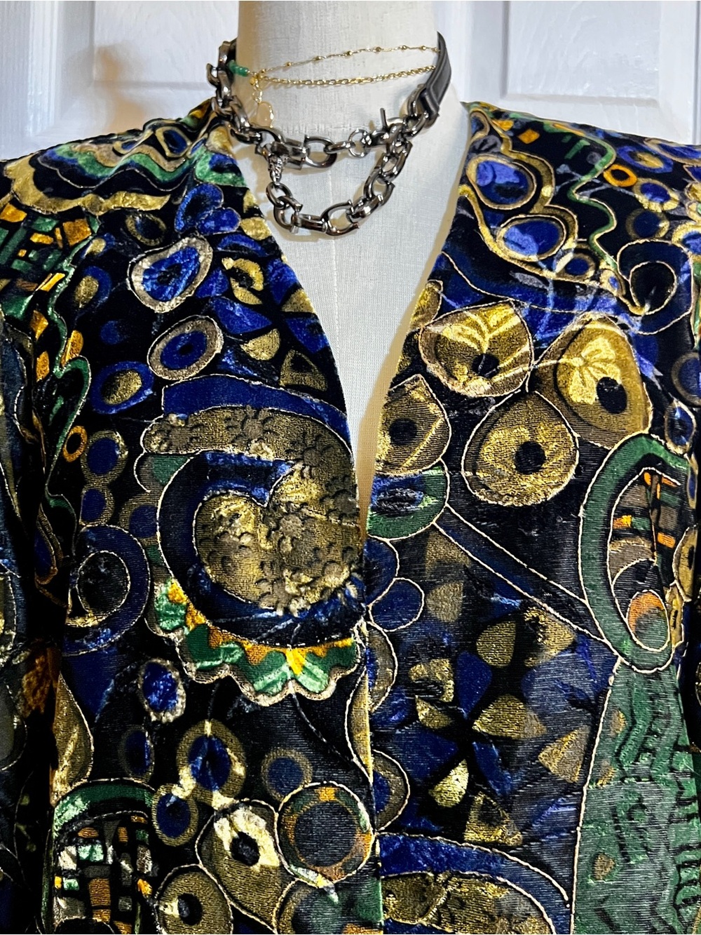Another Thyme Vtg 90s Geo Abstract Velvet Metallic Artsy Glam Open Blazer S/M - Picture 3 of 14